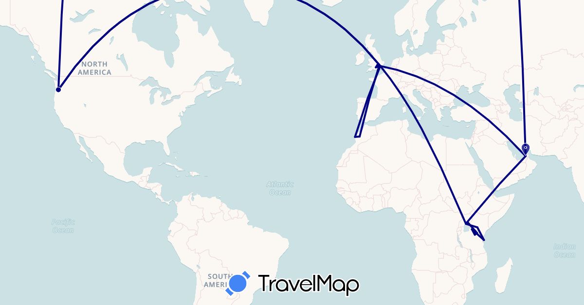 TravelMap itinerary: driving in United Arab Emirates, United Kingdom, Kenya, Morocco, Tanzania, Uganda, United States (Africa, Asia, Europe, North America)